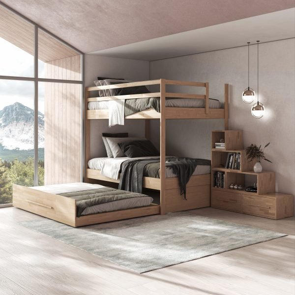 Casa su Albero Castello matrimoniale con terzo letto matrimoniale estraibile e scala a cubi Letto a Castello con Terzo Letto Estraibile